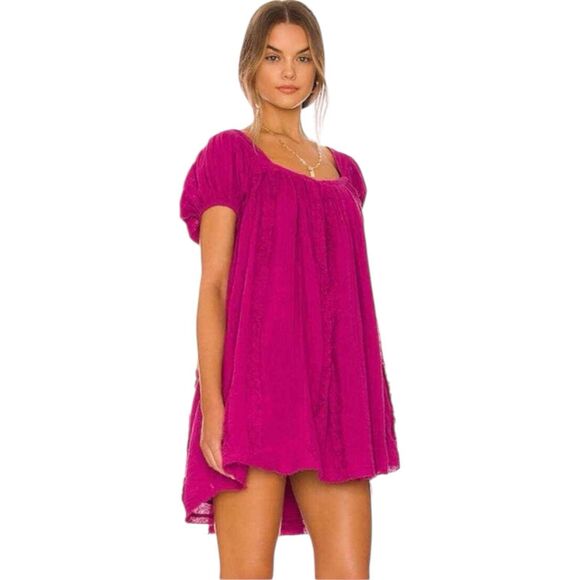 Free People Angele Mini Dress M Pink Dragonfruit Punch Gauze Fushcia Oversized - Picture 13 of 13